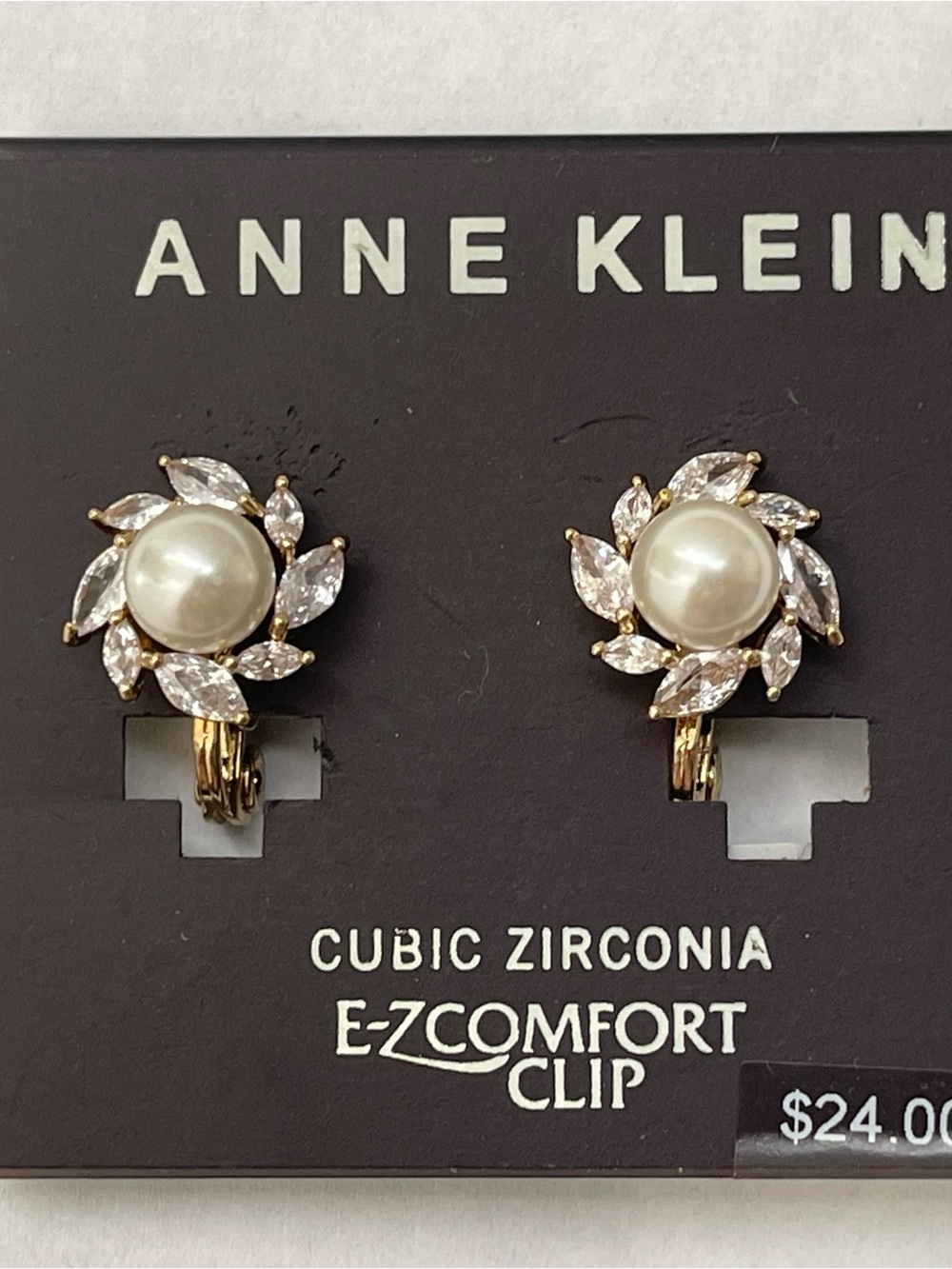 Anne Klein Gold-Tone faux pearl and Cubic Zirconia Floral Clip-on earrings